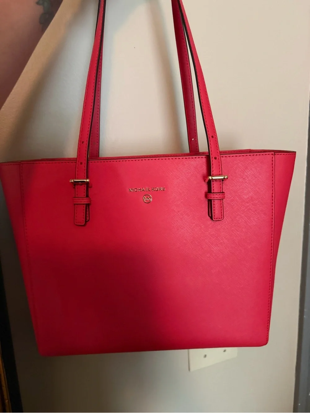 Michael Kors coral red Leather Tote Bag